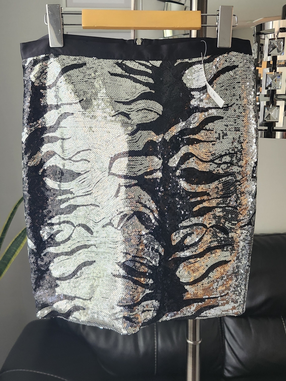 Sequin Zebra-Print Pencil Skirt - Silver & Black